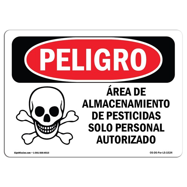 Safety Sign, OSHA Danger, 12" Height, 18" Width, Rigid Plastic, Pesticide Storage Area Spanish